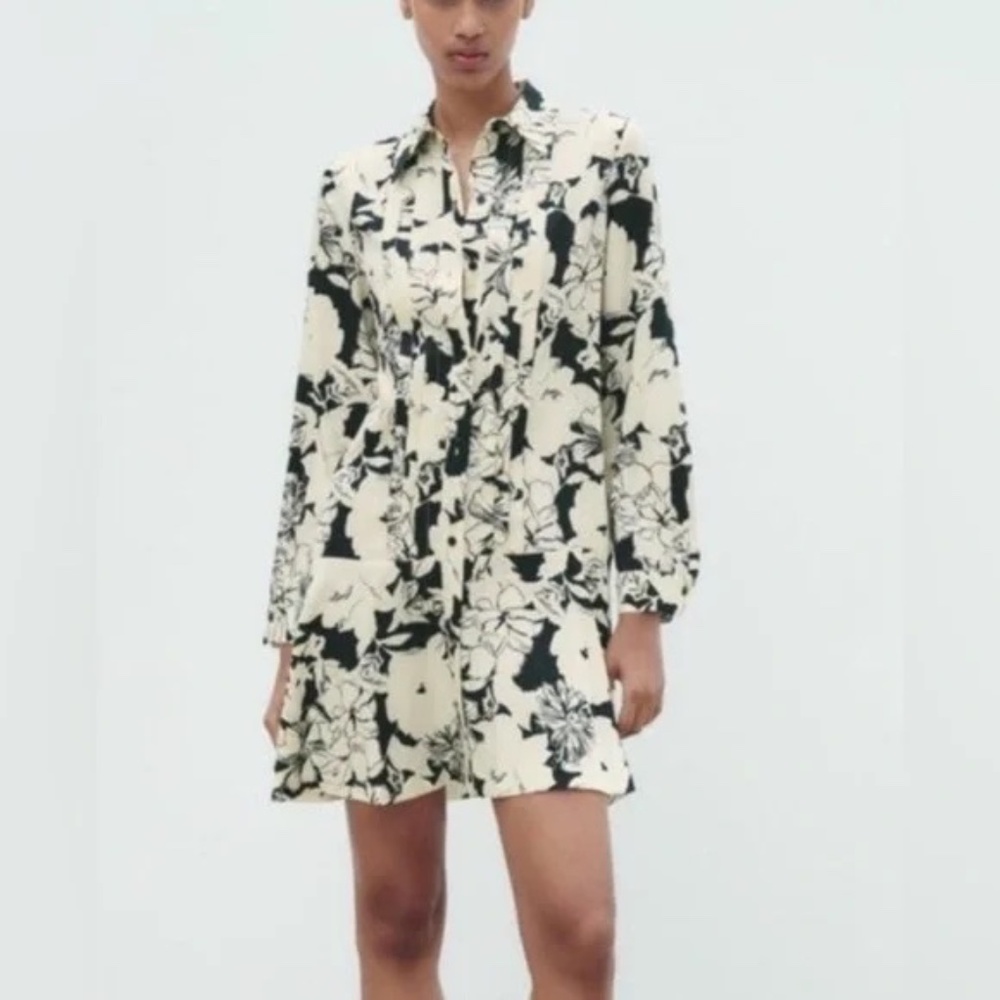 Zara Long Sleeve Cream and Black Floral Shirt Dress